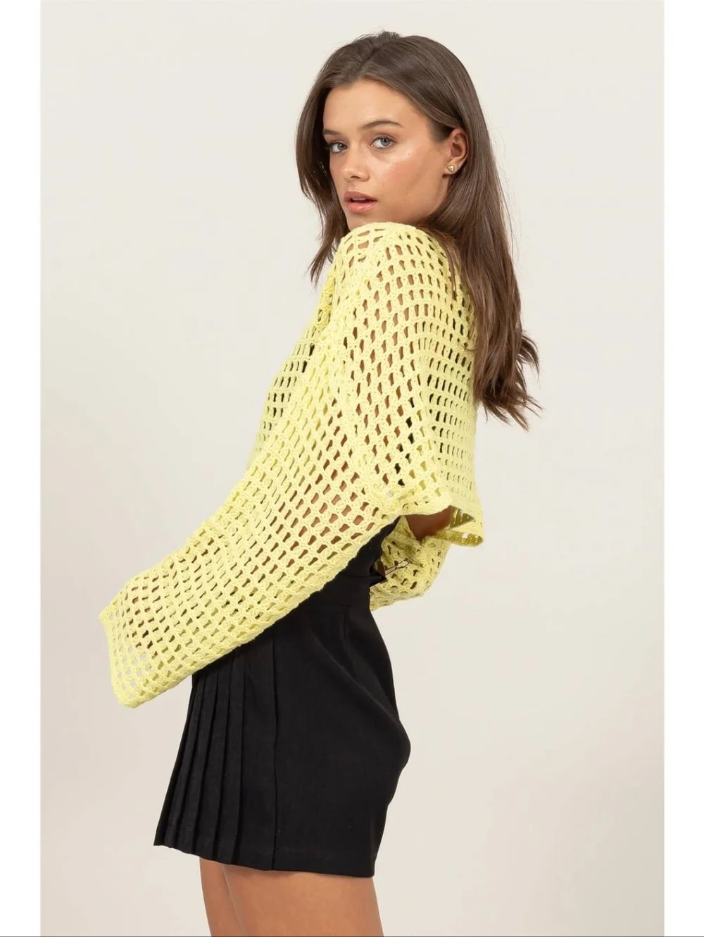 Yellow Open Knit Crochet Crop Top Long Sleeve Y2k Sweater Shrug